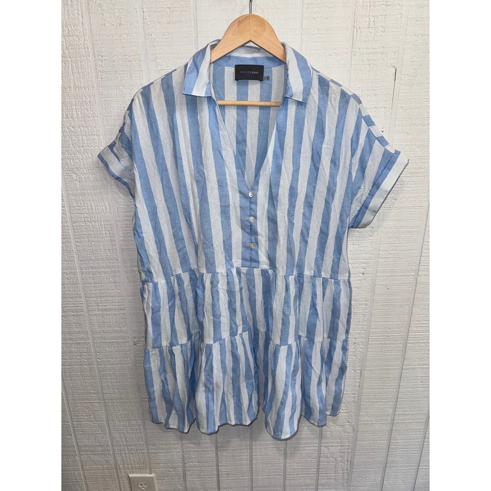 Hudson Gray Tunic Dress Women Blue White Striped Tiered Short Sleeve S